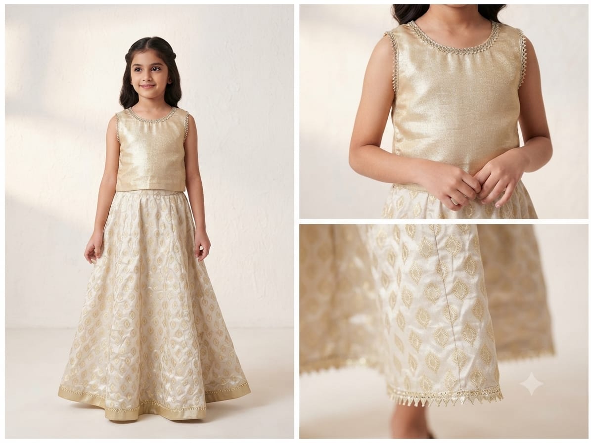Girls Gold & Off-White Jacquard Lehenga Choli – Festive Embroidered Crop Top & Flared Skirt Set
