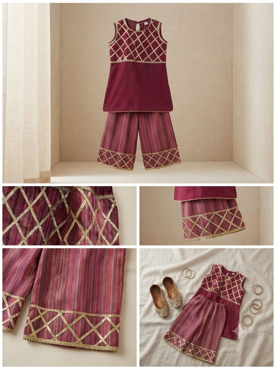 Girls Maroon Gota Lattice Kurta & Striped Sharara Set – Festive Traditional Outfit