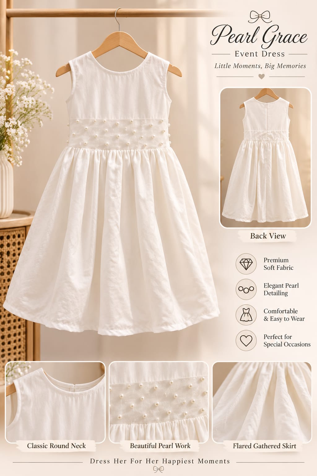 Girls Off-White Pearl Grace Event Dress – Elegant Embellished Waist Sleeveless Frock